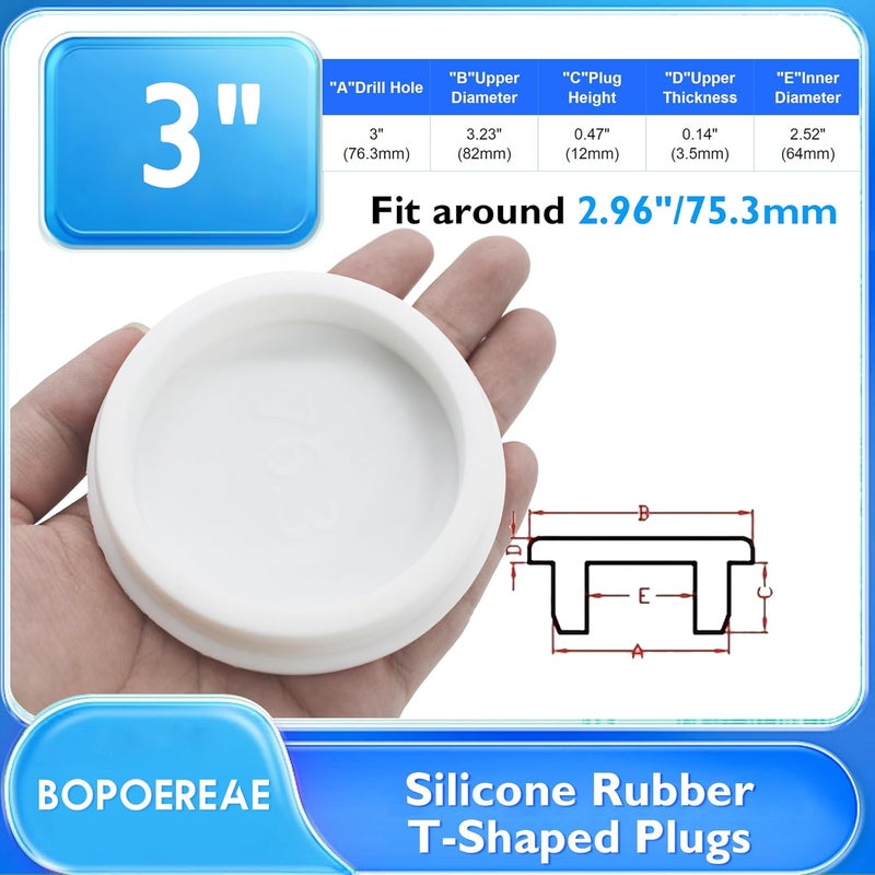 BOPOREAE 2 Pcs 76.3 mm/3 in Silicone Rubber Plug for 75.3 mm Large Round Holes, Waterproof T Type Rubber Stoppers, Soft Flexible Hole Seal Plugs Tube Pipe End Cap Covers, White - Image 2